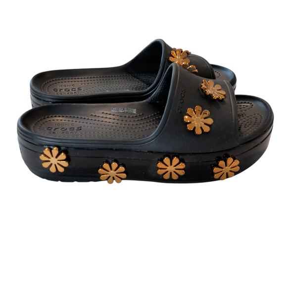 Crocs Sz W7 Black Platform MetallicBlooms Daisy Slide Sandals Limited Edition - Picture 9 of 9